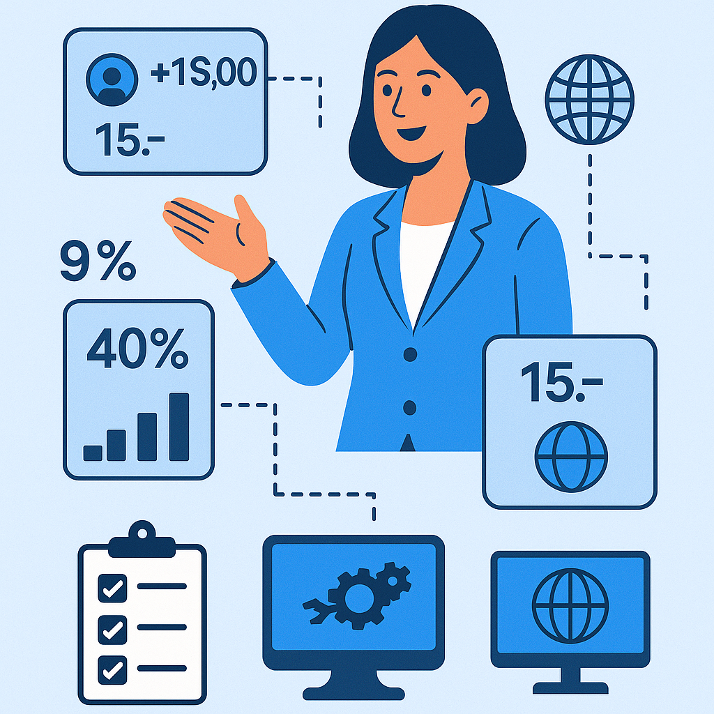 Professional talent acquisition specialist with business statistics and technology icons representing our comprehensive recruitment solutions